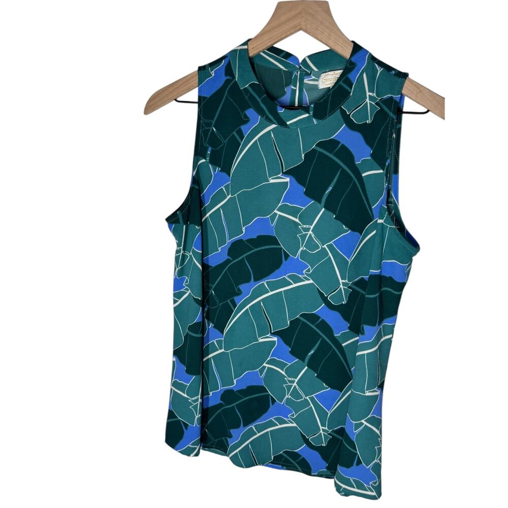 Mud Pie Sleeveless Blouse Medium Green Blue Leaf Print Keyhole Back Top